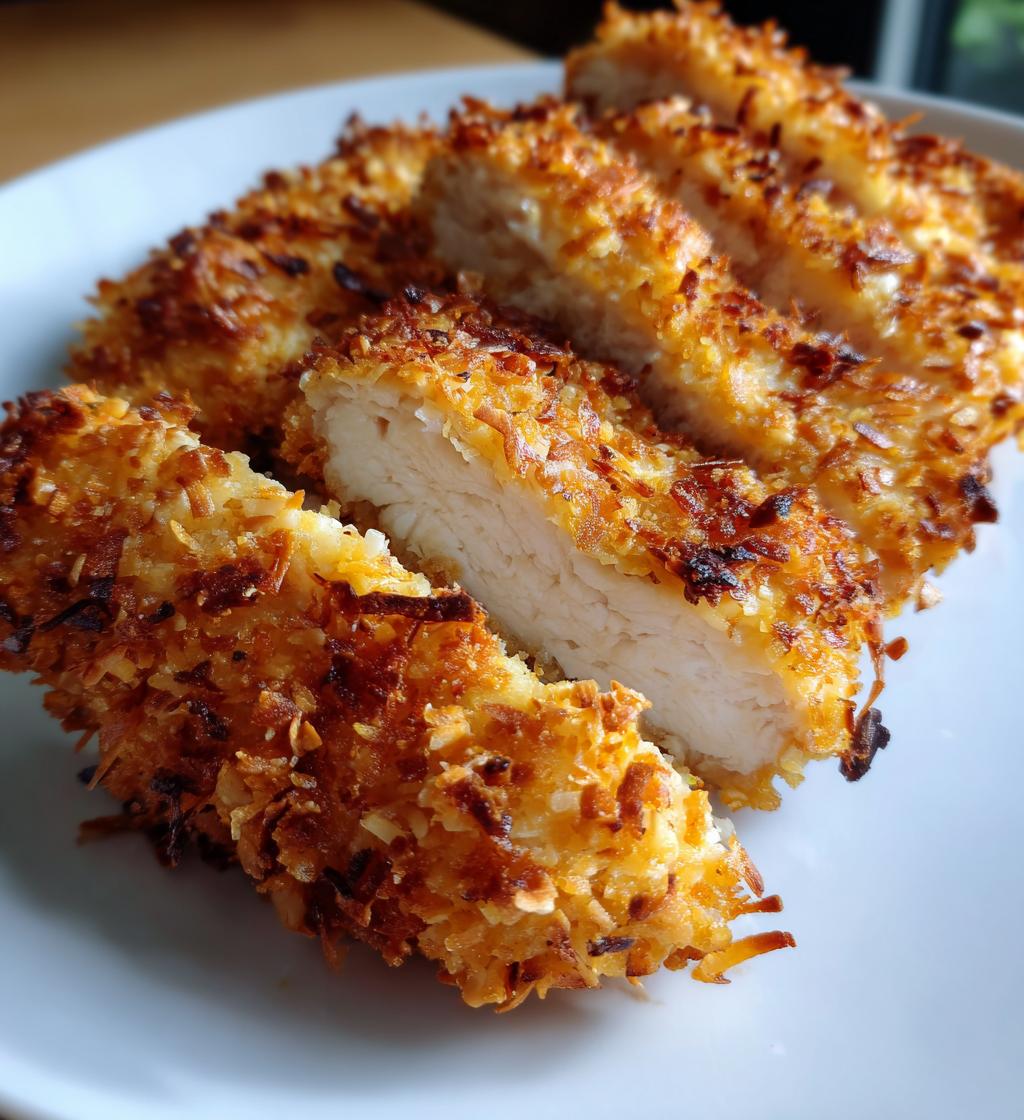 air fryer coconut crusted chicken breast - detail 1